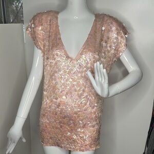 Cathy Hardwick Sz S Padded Shoulder Large Flat Shimmer Bead Silk T-Shirt Blouse